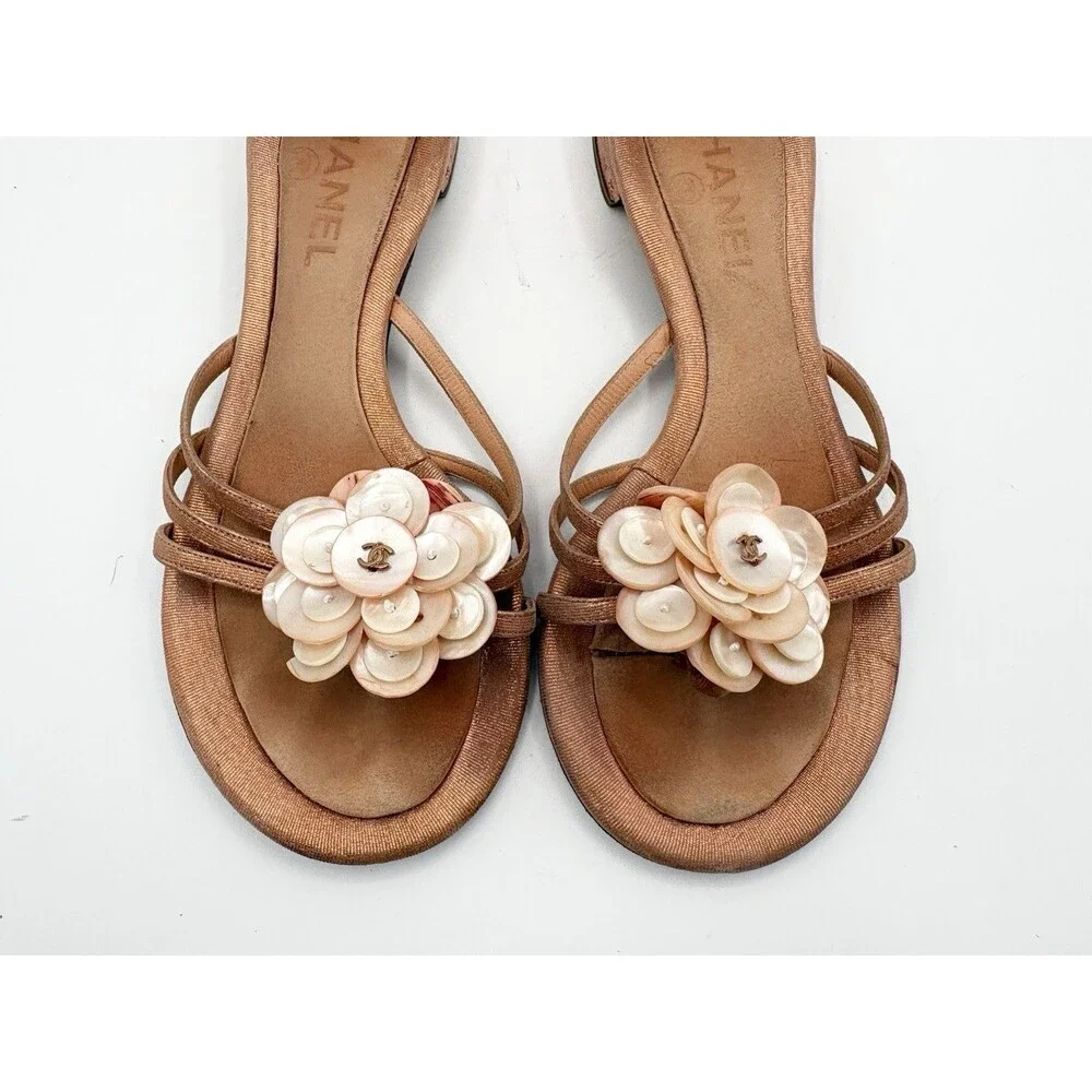 Chanel Peach Pink Sandals w/ CC Logo Shell Button Accents Y2K Sz EU 36